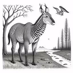 an antelope with an outstretched skeleton standing next to a river,a giraffe is standing next to a tree with birds flying around it