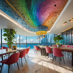 a large dining area that has a rainbow theme on the ceiling