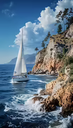a sailboat in the water near a rocky cliff