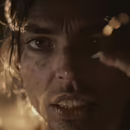 a man with black eyes stares directly at the camera
