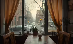 a dining table with a plant and potted plant