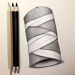 the pencils are next to a drawing of a twisted roll of fabric,a pencil drawing of a big roll of tape