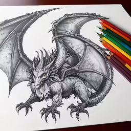 a drawing of a dragon with large wings and a big head