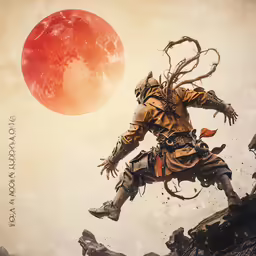 a person riding a horse in front of a large red sun