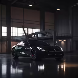 black car in dark space with windows and balconies