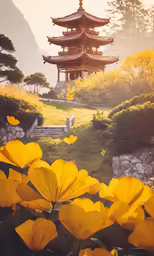 flowers surrounding a small pagoda near mountains