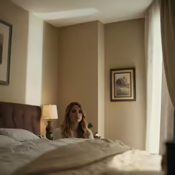 a woman is sitting on her bed in a bedroom