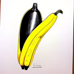 a black and yellow banana is shown on a white paper
