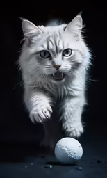 a white cat chasing a tennis ball on black