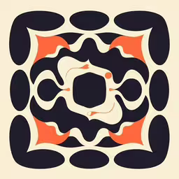 abstract black and orange print with shapes in center,this black, white and orange drawing is very unusual