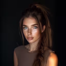 a girl is posing for a photo wearing blue eyes,a woman with blue eyes is standing near a black background