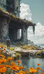 a lone man walks next to an abandoned building