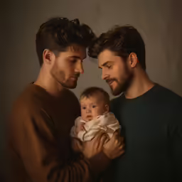 two men are holding a baby in a studio