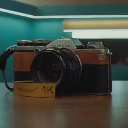 an old camera is on top of the table