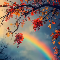 a rainbow and tree leaves in the sky