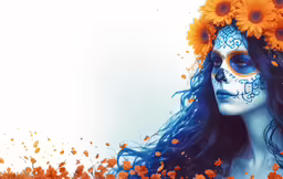 a woman with a blue face paint and flowers around her head