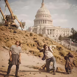 a group of people throwing something up in the air near a large building
