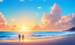 a couple is walking on the beach with surfboards at sunset