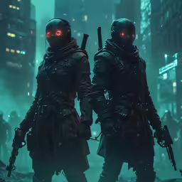 two men in the middle of a city in the game watchers