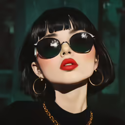 a woman wearing round shaped sunglasses and a chain