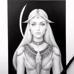 an art work depicting a woman wearing a horned headpiece and holding a large sword