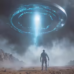 a man with a rifle and walking towards an alien spaceship