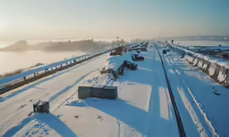 the train tracks on the snow covered highway are next to the sea