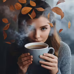 a woman holding a cup of coffee with her head in the smoke