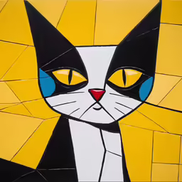a painting depicting a black and white cat with yellow eyes
