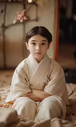 a little girl in a white geisha outfit
