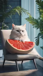 cat sitting on sofa, with slice of watermelon behind it