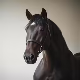 a brown horse is standing in a white room