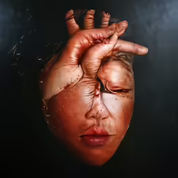 woman with red lip holding her hand to her face