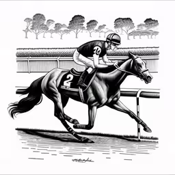 a black and white drawing of a jockey on a horse,drawing of a racing horse running a track