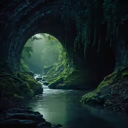 a water way in a forest with fog coming out of the hole