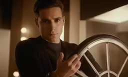 a man holding a wheel in one hand and pointing at it