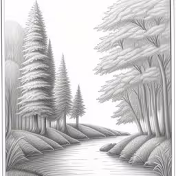 a drawing of trees near a river