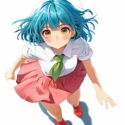 a anime girl with blue hair in a short pink skirt and a tie