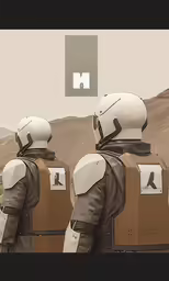 a trio of people in helmets sitting on top of two suitcases