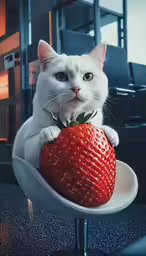 a cat sits and licks the top of a strawberry