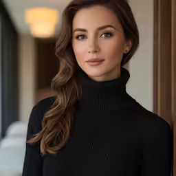 a woman posing in a black sweater with long brown hair