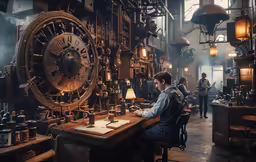 an old working area with lots of clocks, lamp shades and people walking