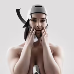 a nude girl with a helmet and scissors on her head