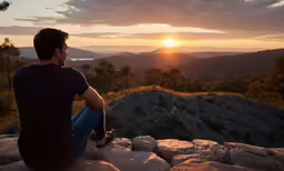 a man sits on top of rocks as the sun sets