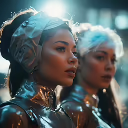 two models with long hair wearing gold foil