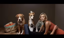 a woman sitting next to three dogs posing for a picture