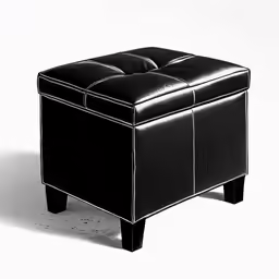 a small black leather stool is shown in front of a white background