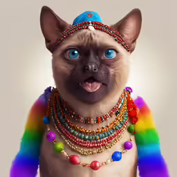 a cat wearing a colorful necklace with a surprised look on its face
