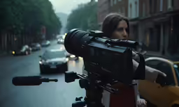 a girl standing in a street in the rain looking at her camera