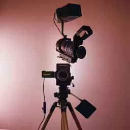 an old fashioned camera set up on a tripod with two different exposure cameras